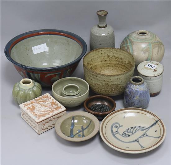 Two St Ives celadon glazed small bowls and other studio pottery vessels